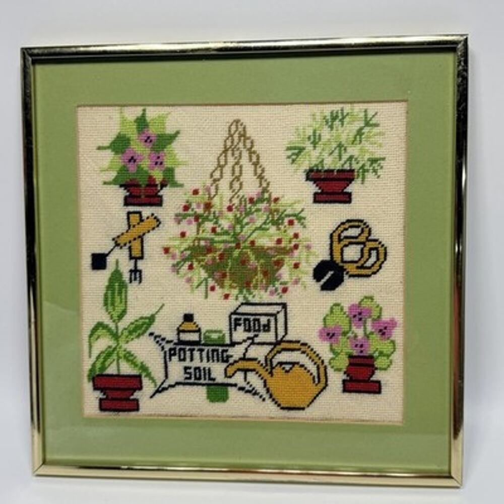 Vintage House Plant Lover Needlepoint Embroidery Fiber Art Framed 13" Square